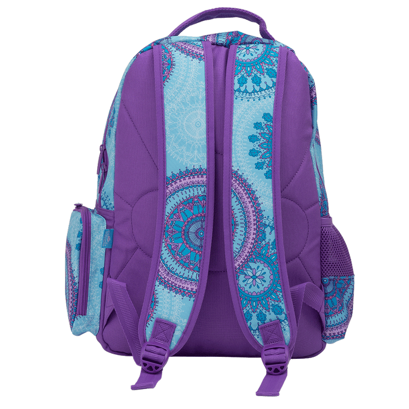 Spencil Amethyst Spirit Big Kids Backpack, front view on white with a drink bottle in the side sleeve