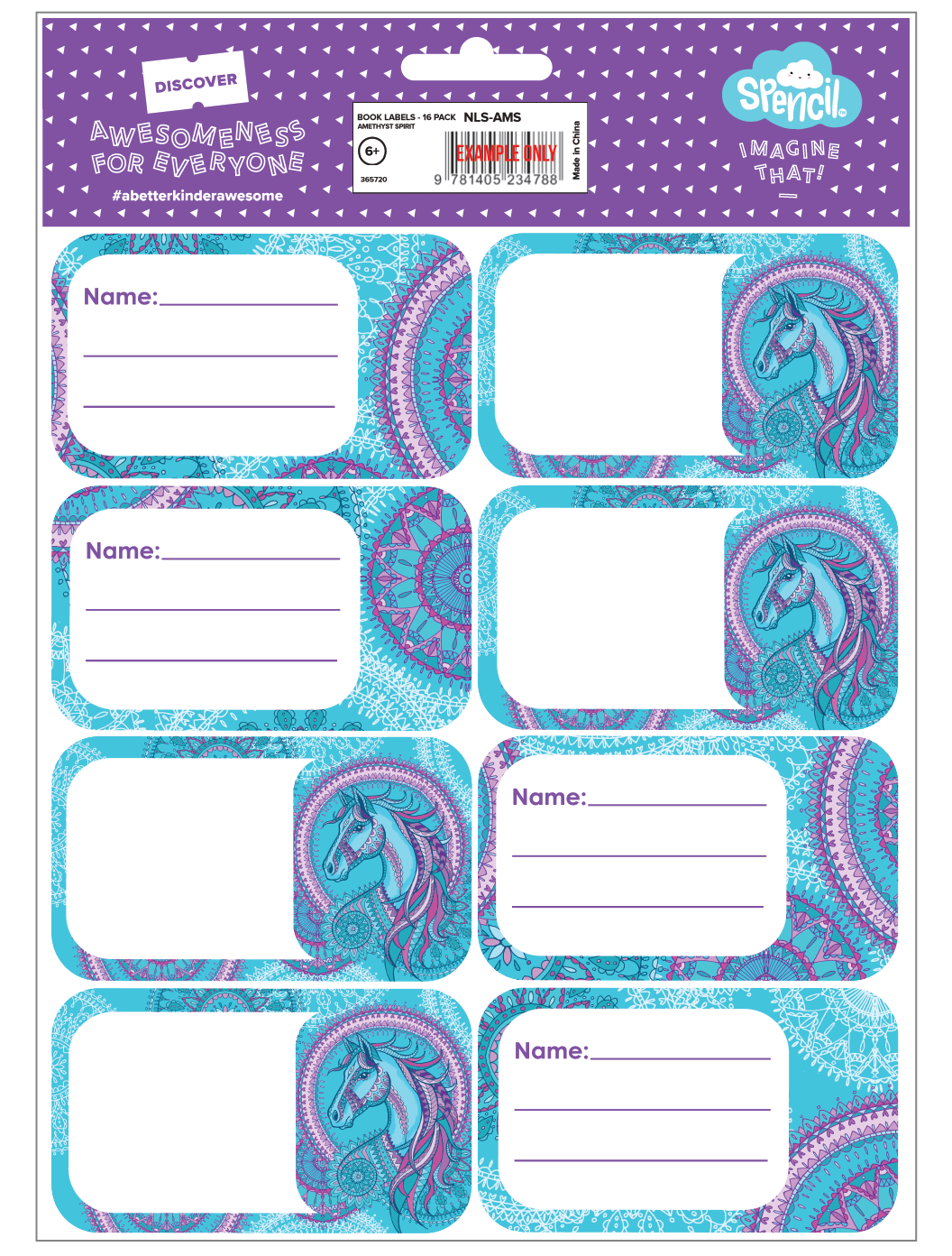 Back of the Spencil Amethyst Spirit School Book Labels pack with the barcode panel above the labels, artwork: turquoise and purple mandala patterns with a blue and pink unicorn head