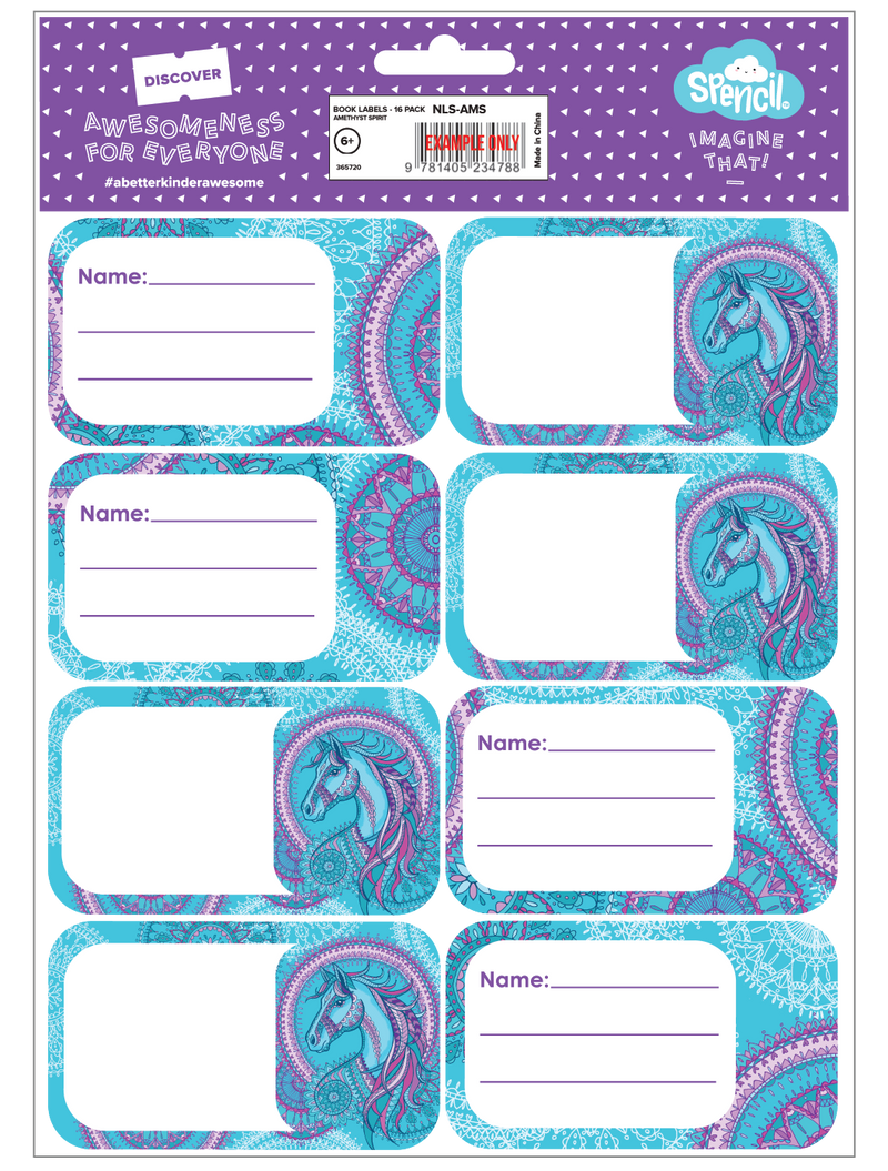 Back of the Spencil Amethyst Spirit School Book Labels pack with the barcode panel above the labels, artwork: turquoise and purple mandala patterns with a blue and pink unicorn head