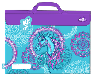 Front of the Spencil Amethyst Spirit library bag showing turquoise with purple and pink lace mandalas and a horse head framed in a mandala ring, with the top carry handle, fold-over flap and white name pocket at the lower left