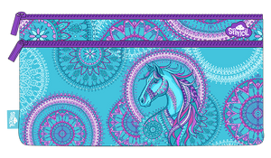 Front of the Spencil Amethyst Spirit twin zip pencil case showing a white and violet horse head with a flowing mane among violet mandala medallions on a turquoise background, with purple zips