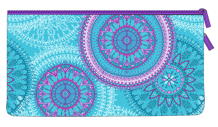 Back of the Spencil Amethyst Spirit twin zip pencil case showing repeating violet mandala medallions on turquoise