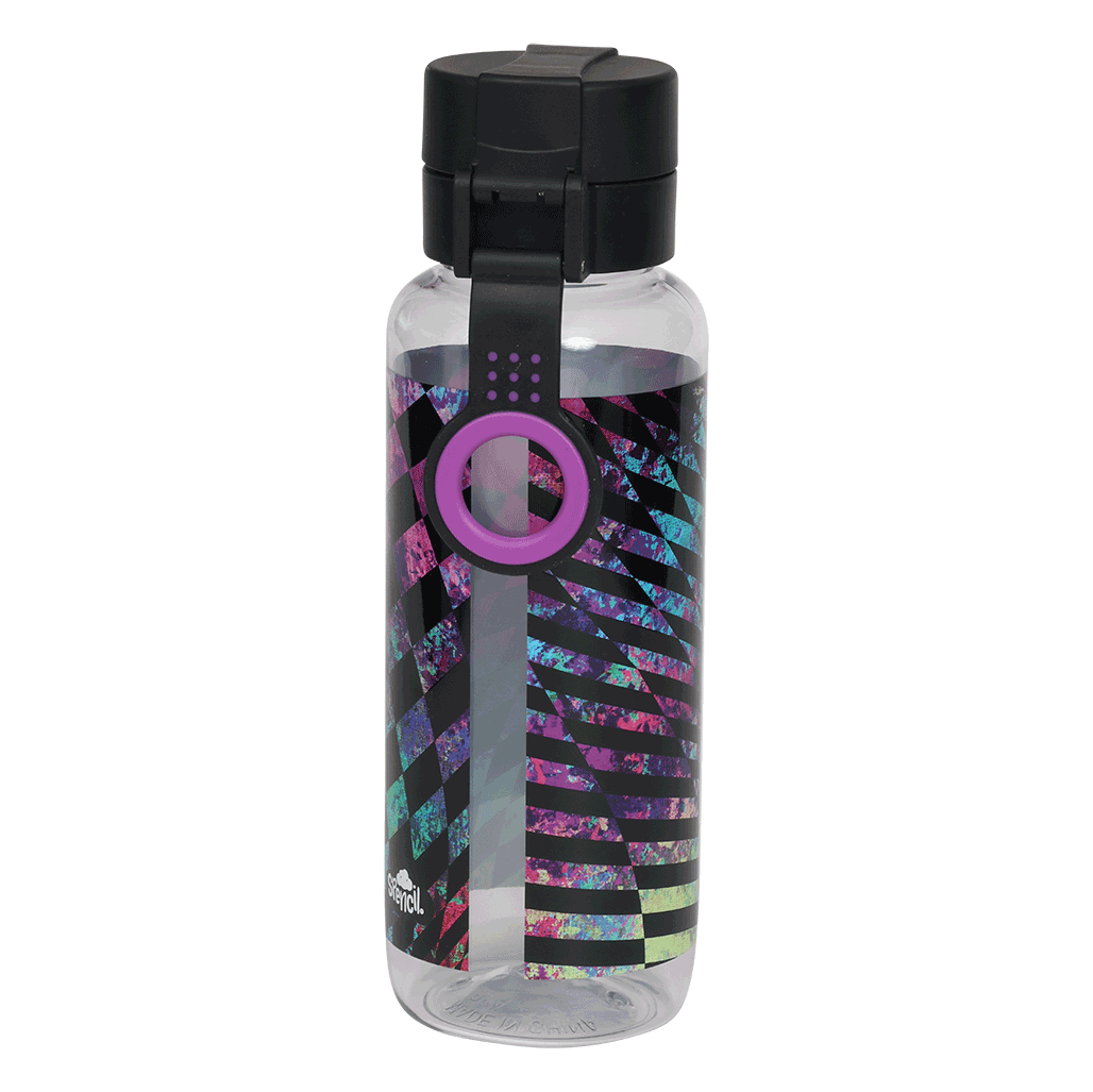 Spencil Cyber Pop Big Water Bottle 650ml, back view showing the carry strap and finger ring, pink, purple, teal and lime zigzag print on black, black lid with purple trim