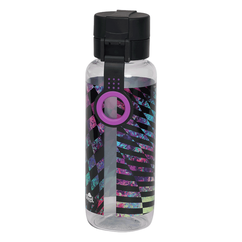 Spencil Cyber Pop Big Water Bottle 650ml, back view showing the carry strap and finger ring, pink, purple, teal and lime zigzag print on black, black lid with purple trim