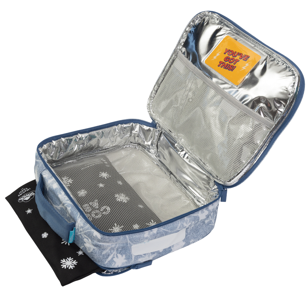 Spencil Denim Daze Big Cooler Lunch Bag unzipped to show the silver insulated lining, with the Big Chill Pack in its black snowflake cover at the base