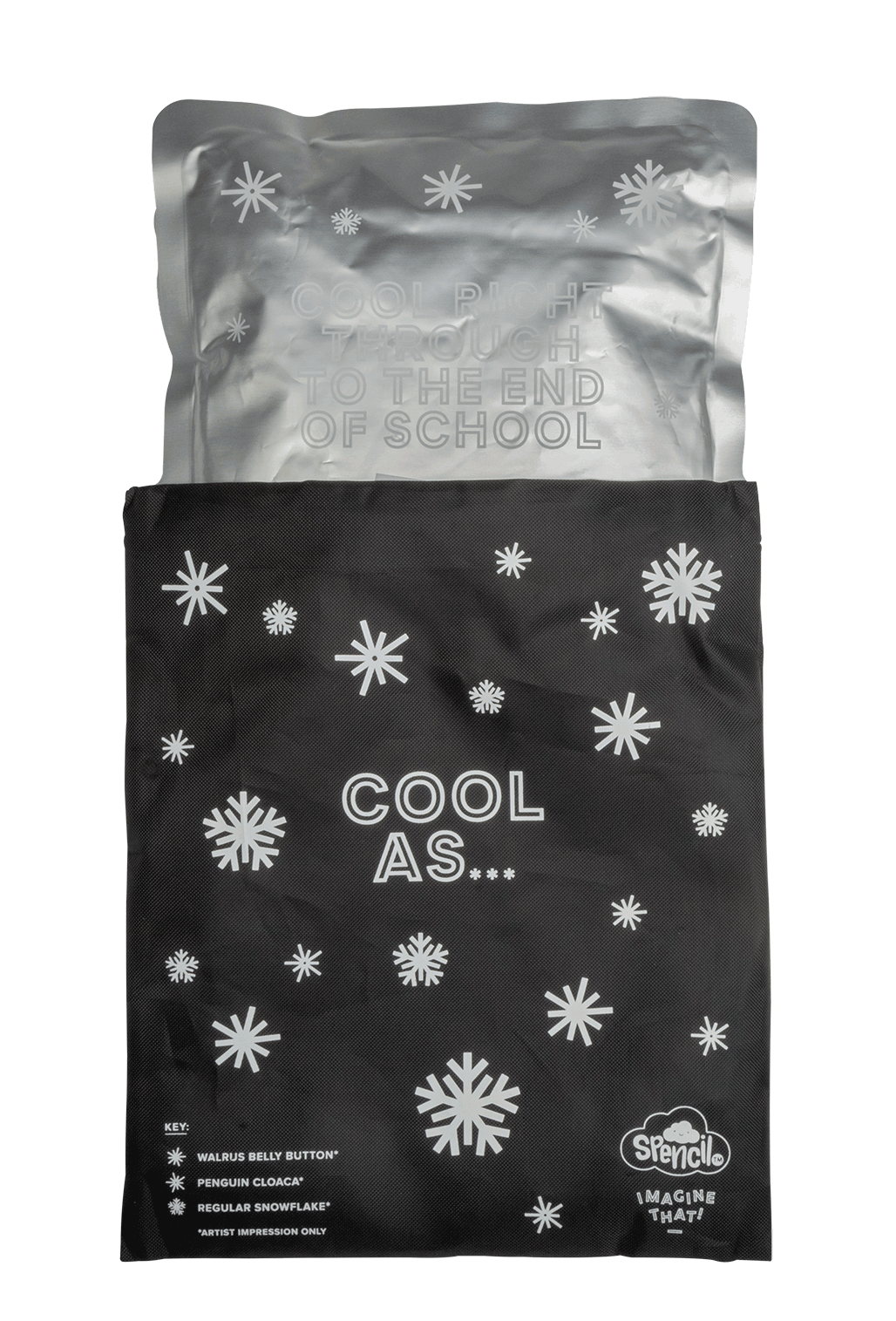 Silver aluminium gel Big Chill Pack sliding out of its black snowflake cover, included with the Spencil Denim Daze Big Cooler Lunch Bag