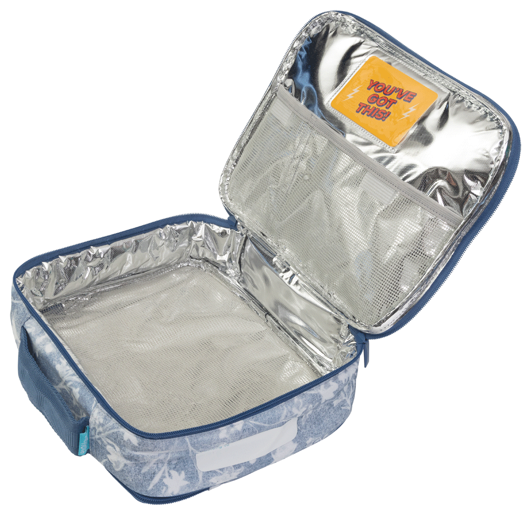 Spencil Denim Daze Big Cooler Lunch Bag opened flat to show the silver insulated lining and the mesh pocket inside the lid