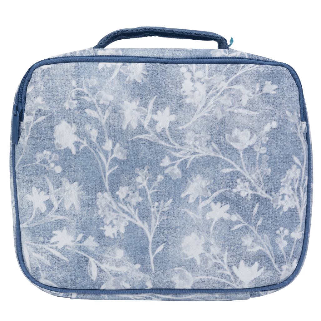Angled side view of the Spencil Denim Daze Big Cooler Lunch Bag showing the clear name card pocket on the side panel