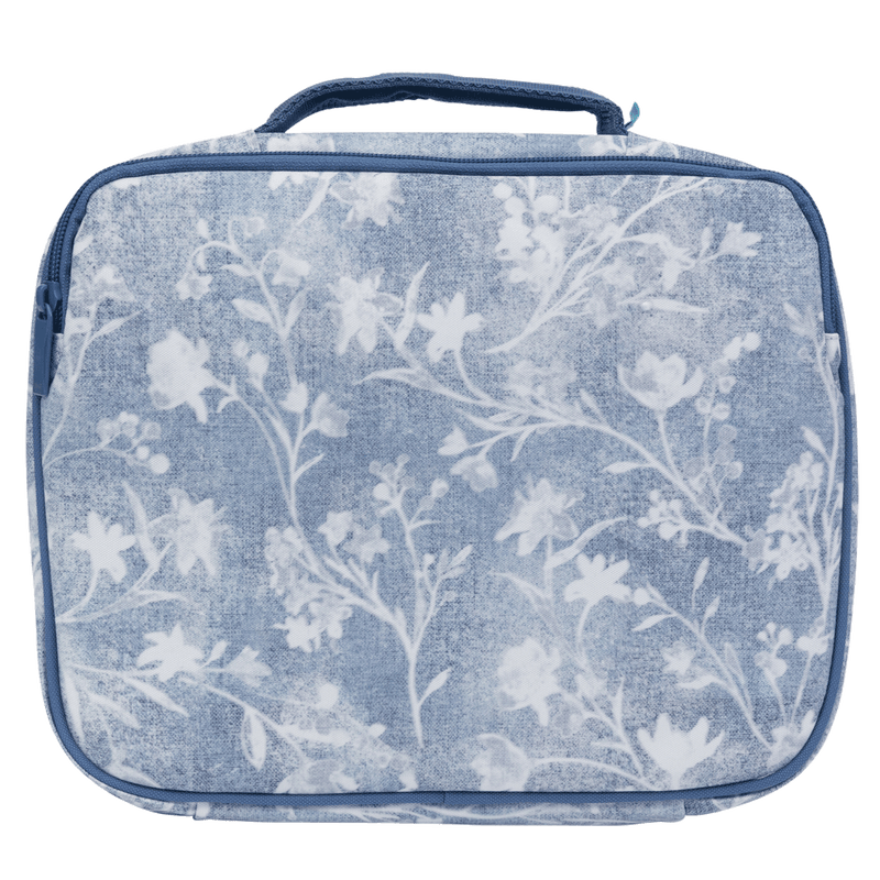 Angled side view of the Spencil Denim Daze Big Cooler Lunch Bag showing the clear name card pocket on the side panel