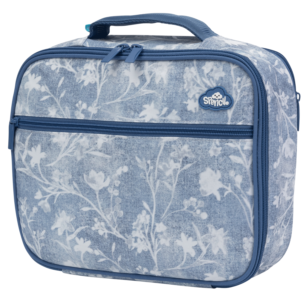 Back of the Spencil Denim Daze Big Cooler Lunch Bag showing the full denim floral print on the rear panel