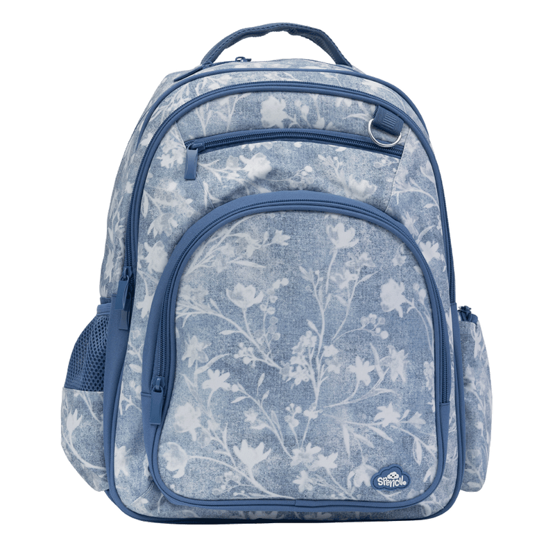 Spencil Denim Daze Big Kids Backpack, front, light denim-blue print with white flowers and navy trim