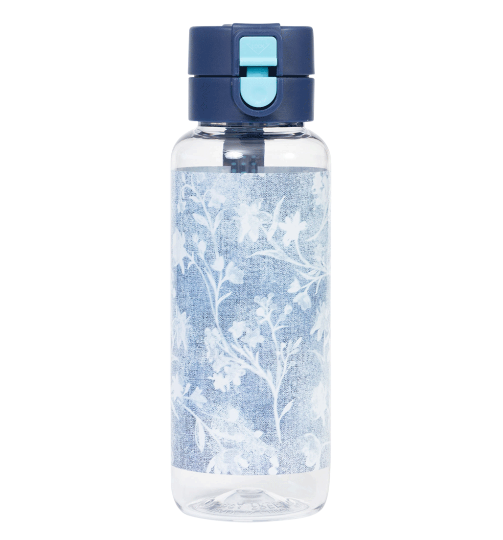 Spencil Denim Daze Big Water Bottle 650ml, front view with the lid closed, pale denim-blue print with white botanical sprigs, navy lid with light blue clip