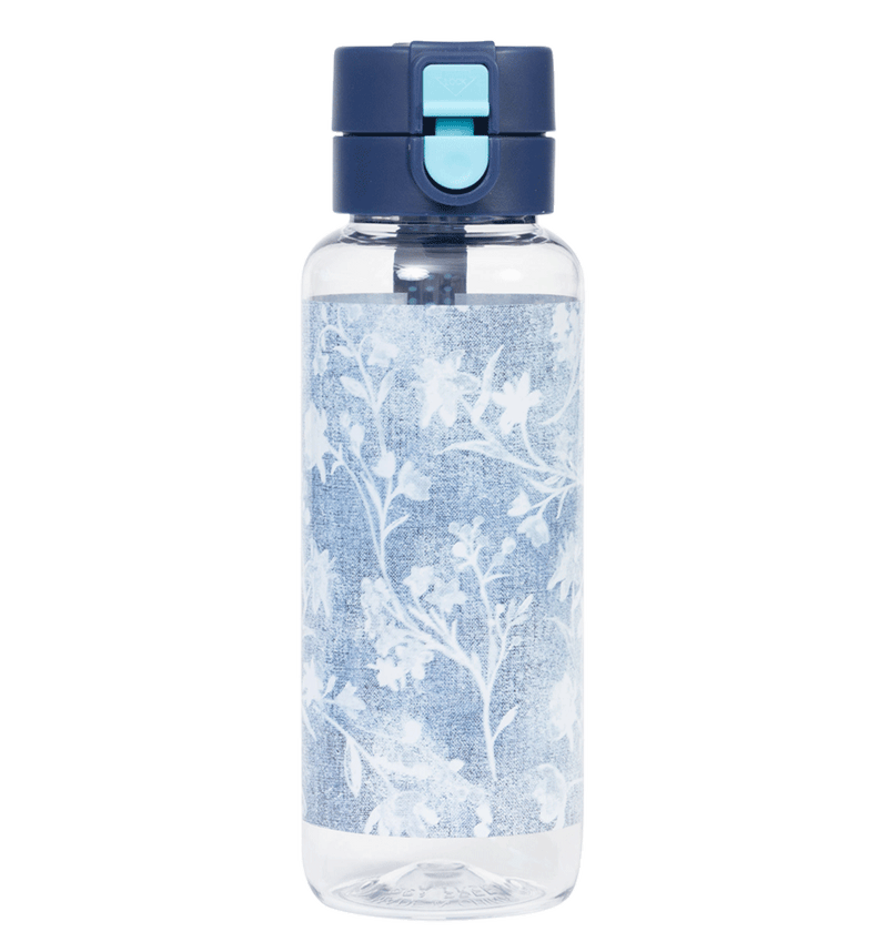 Spencil Denim Daze Big Water Bottle 650ml, front view with the lid closed, pale denim-blue print with white botanical sprigs, navy lid with light blue clip