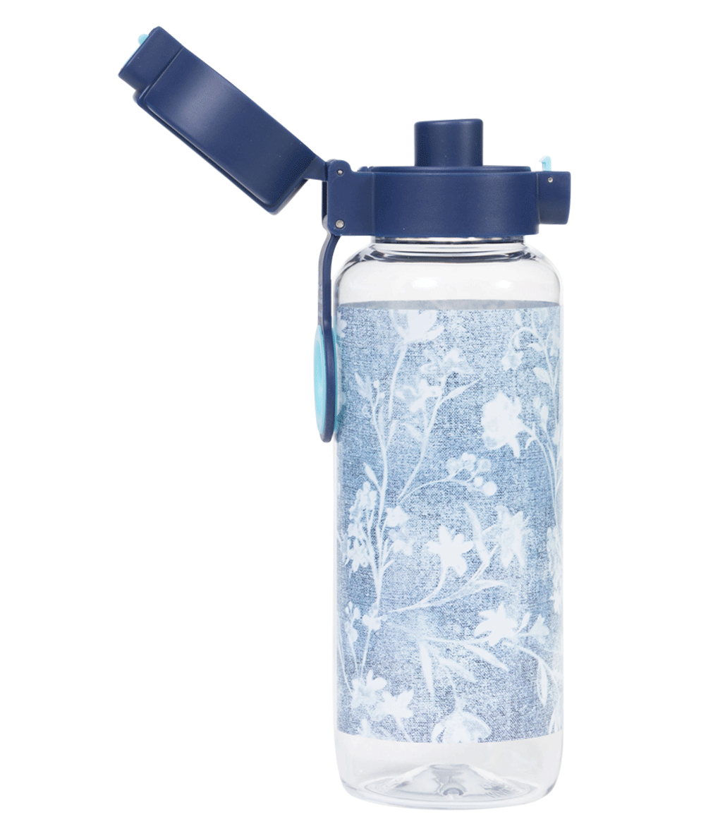 Spencil Denim Daze Big Water Bottle 650ml, side view with the flip lid open showing the drinking spout, pale denim-blue print with white botanical sprigs, navy lid with light blue clip