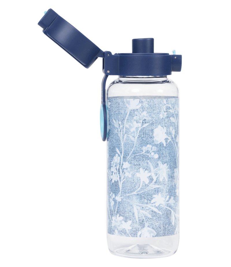 Spencil Denim Daze Big Water Bottle 650ml, side view with the flip lid open showing the drinking spout, pale denim-blue print with white botanical sprigs, navy lid with light blue clip