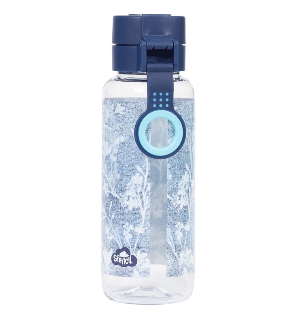 Spencil Denim Daze Big Water Bottle 650ml, back view showing the carry strap and finger ring, pale denim-blue print with white botanical sprigs, navy lid with light blue clip