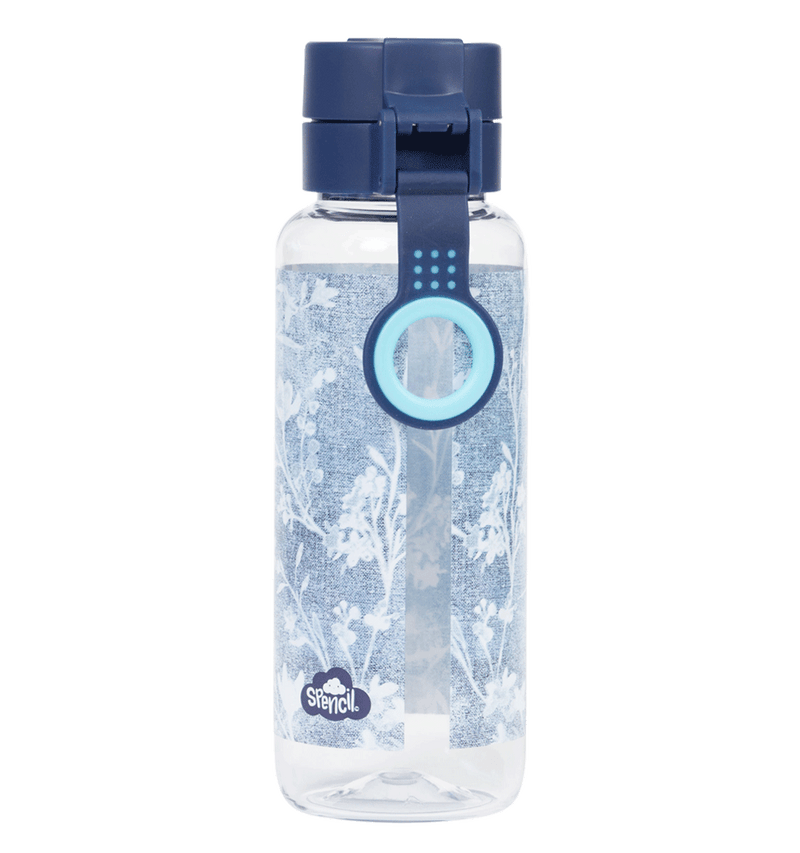 Spencil Denim Daze Big Water Bottle 650ml, back view showing the carry strap and finger ring, pale denim-blue print with white botanical sprigs, navy lid with light blue clip