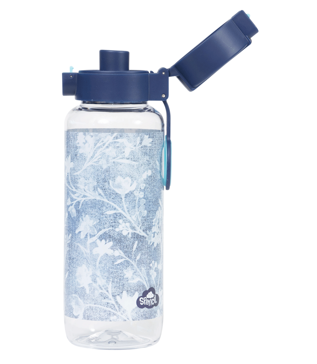 Spencil Denim Daze Big Water Bottle 650ml, side view with the flip lid open showing the drinking spout, pale denim-blue print with white botanical sprigs, navy lid with light blue clip, alternate shot