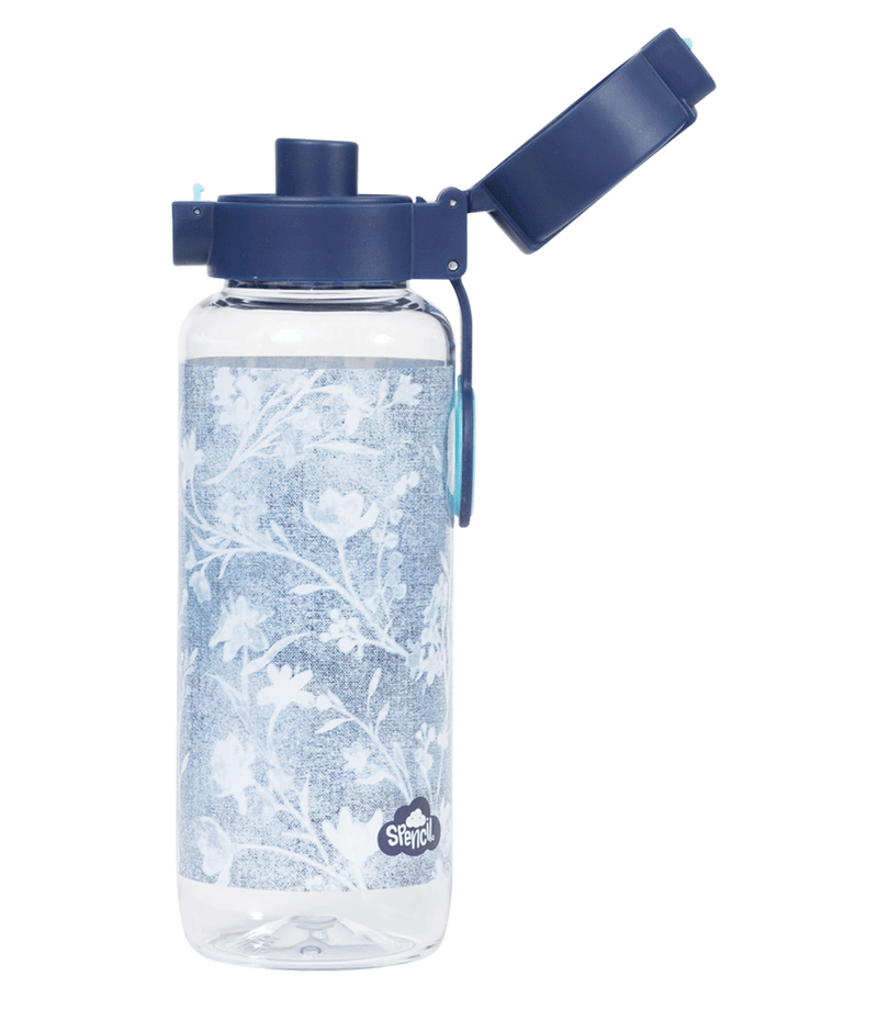 Spencil Denim Daze Big Water Bottle 650ml, side view with the flip lid open showing the drinking spout, pale denim-blue print with white botanical sprigs, navy lid with light blue clip, alternate shot