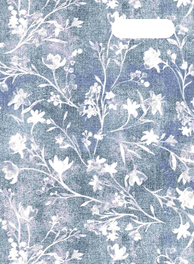 Spencil Denim Daze Scrapbook Cover Pack of 6: front artwork, white flowers and vines on faded blue denim texture, with white name and subject label cut-out