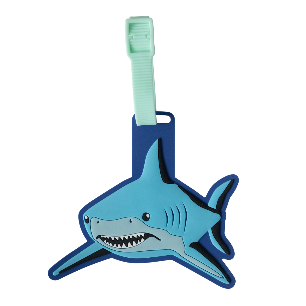 Spencil Fin Frenzy Bag Tag, front view showing the blue shark with an open toothy mouth and mint strap