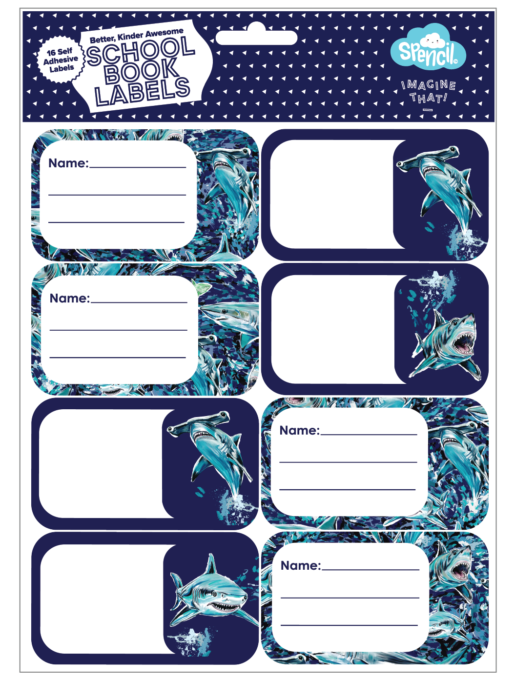 Front of the Spencil Fin Frenzy School Book Labels hang-sell pack of 16 self-adhesive name labels, artwork: hammerhead and open-mouthed sharks in navy and teal water swirls