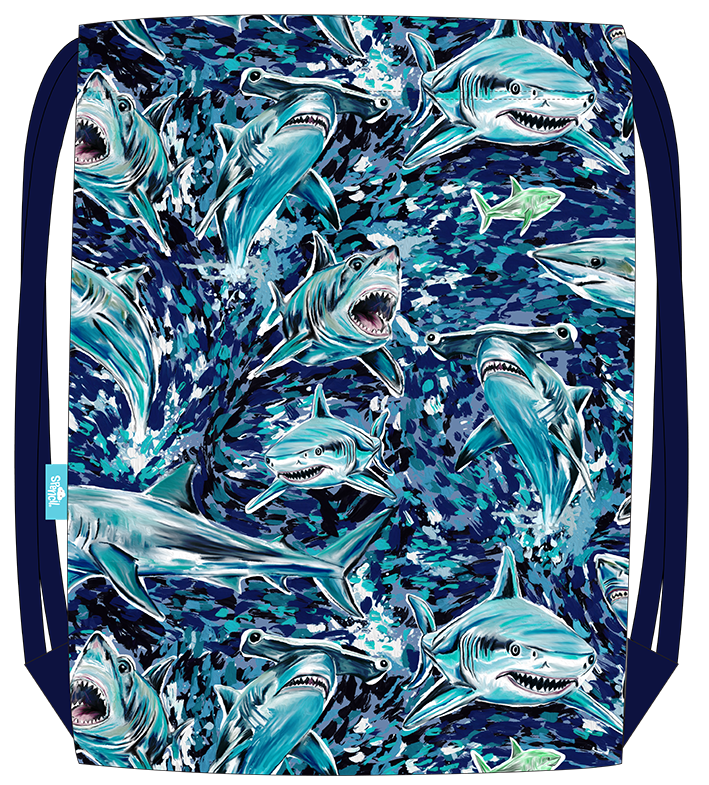Spencil Fin Frenzy Drawstring Bag front with all-over shark print in teal and navy