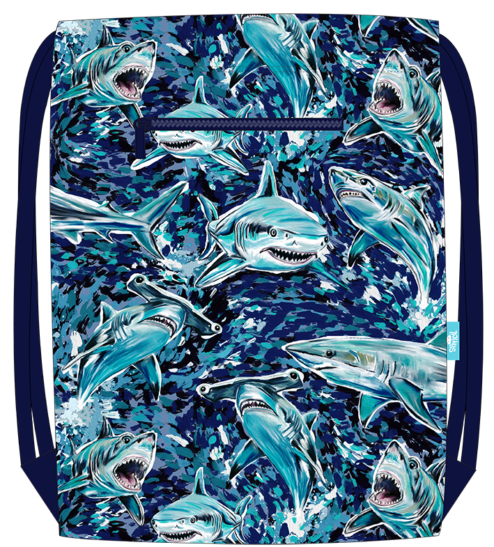 Spencil Fin Frenzy Drawstring Bag back with shark print and zipped pocket near the top