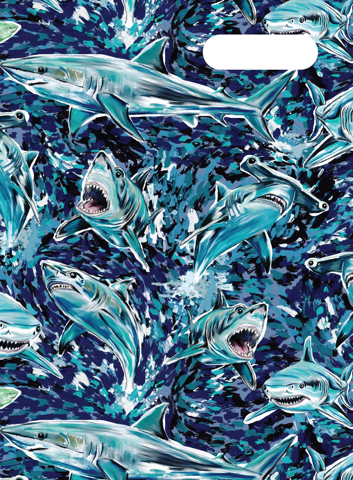 Spencil Fin Frenzy Scrapbook Cover Pack of 6: front artwork, circling sharks with white teeth in dark blue and teal water, with white name and subject label cut-out