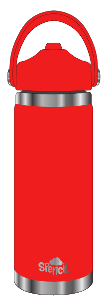 Spencil Fire Big Insulated Water Bottle 650ml, product illustration, front view with handle raised, bright red finish with steel bands