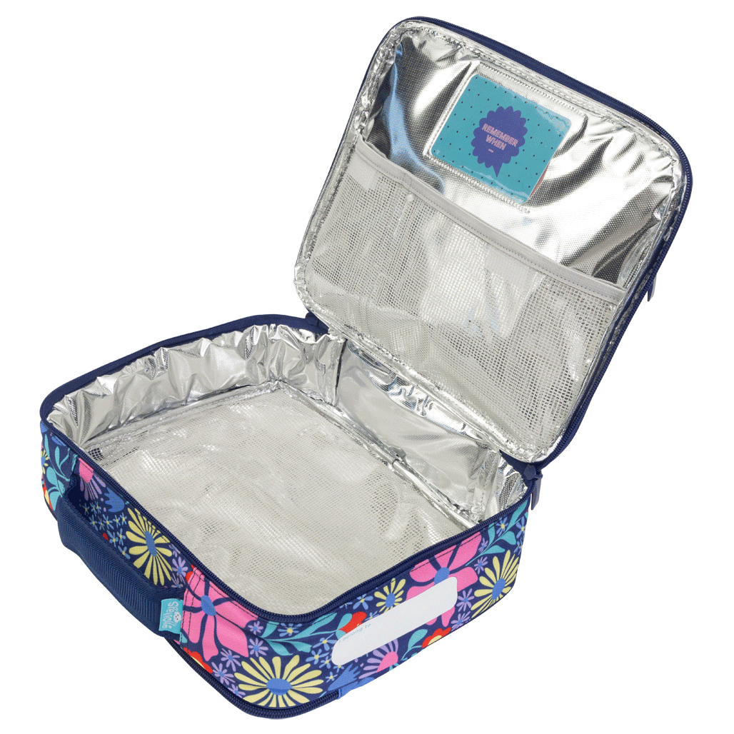 Spencil Flower Fun Big Cooler Lunch Bag opened flat to show the silver insulated lining and the mesh pocket inside the lid
