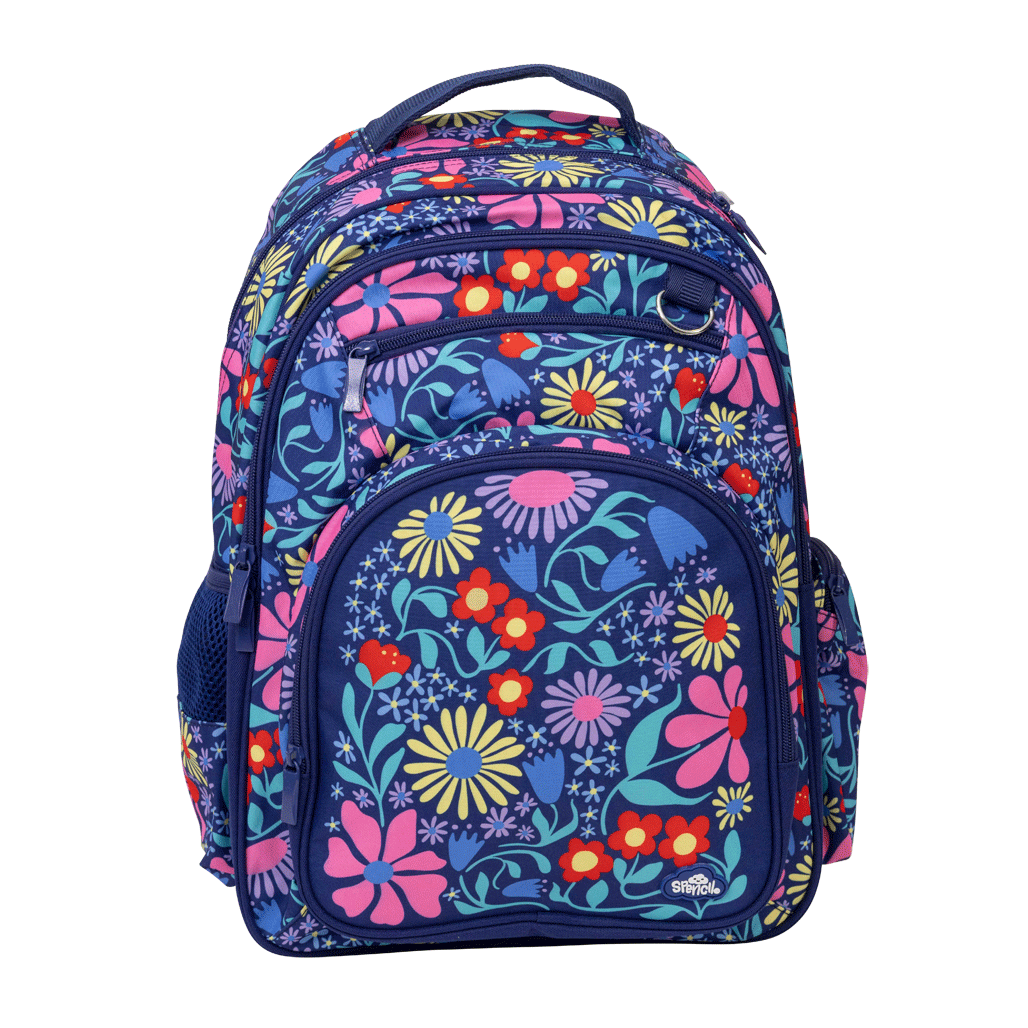 Spencil Flower Fun Big Kids Backpack, front, bright pink, yellow and red flowers on navy
