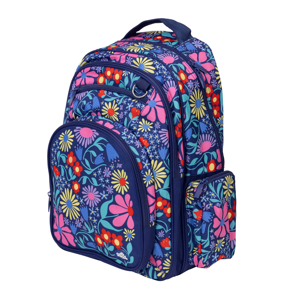 Spencil Flower Fun Big Kids Backpack, three-quarter view, bright pink, yellow and red flowers on navy