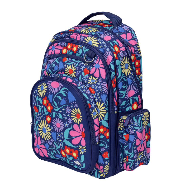 Spencil Flower Fun Big Kids Backpack, three-quarter view, bright pink, yellow and red flowers on navy