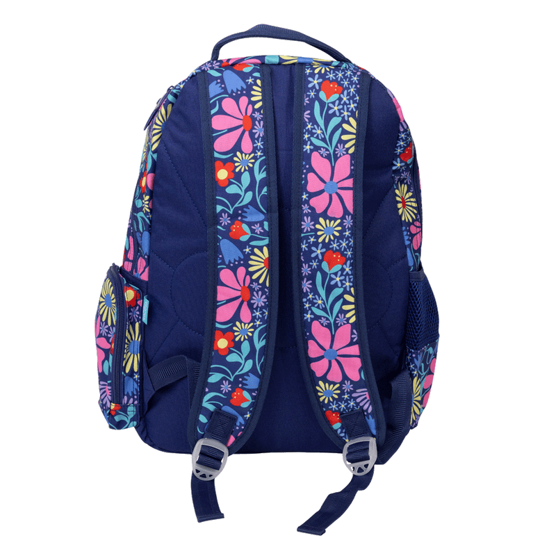 Spencil Flower Fun Big Kids Backpack, back view with padded straps, bright pink, yellow and red flowers on navy