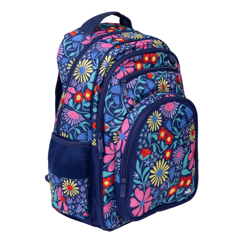Spencil Flower Fun Big Kids Backpack, three-quarter side view, bright pink, yellow and red flowers on navy