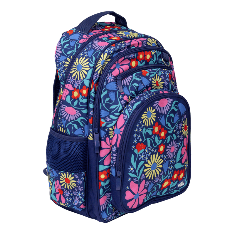 Spencil Flower Fun Big Kids Backpack, three-quarter side view, bright pink, yellow and red flowers on navy