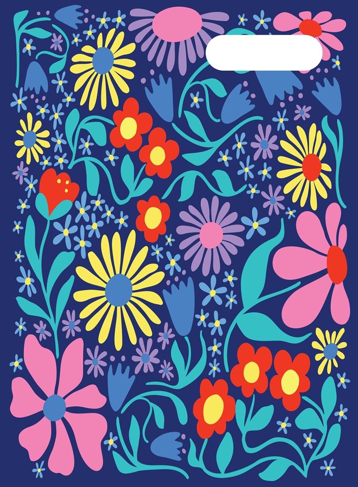 Spencil Flower Fun Scrapbook Cover Pack of 6: front artwork, giant pink, yellow and red flowers with teal leaves on navy, with white name and subject label cut-out