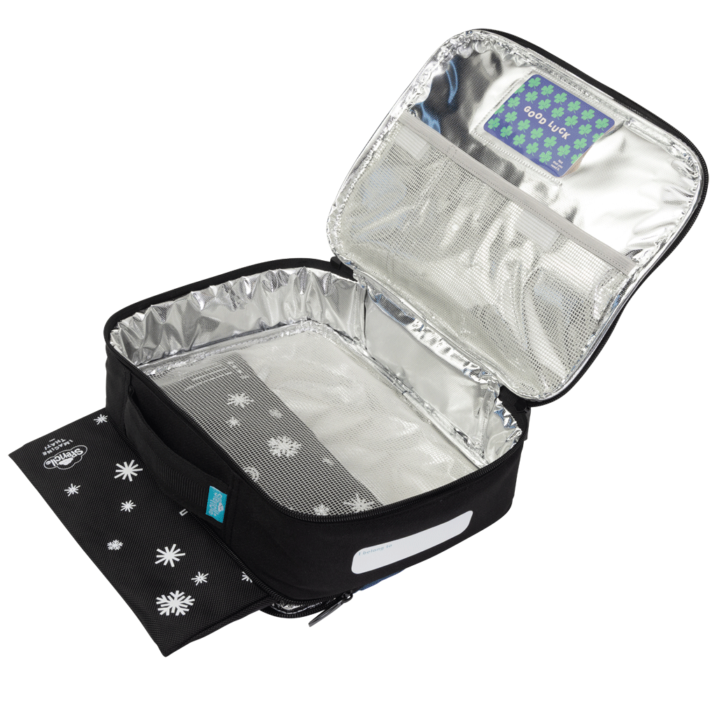 Spencil Fractal Big Cooler Lunch Bag unzipped to show the silver insulated lining, with the Big Chill Pack in its black snowflake cover at the base