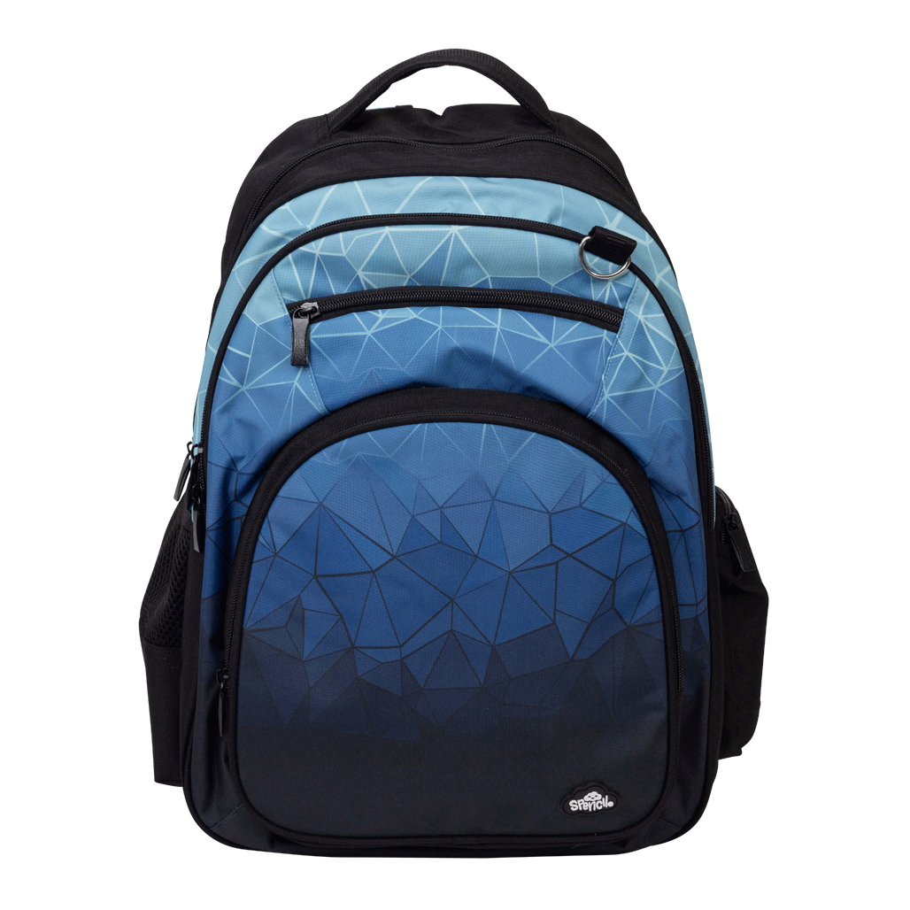 Spencil Fractal Big Kids Backpack, front, blue geometric faceted gradient on a black body