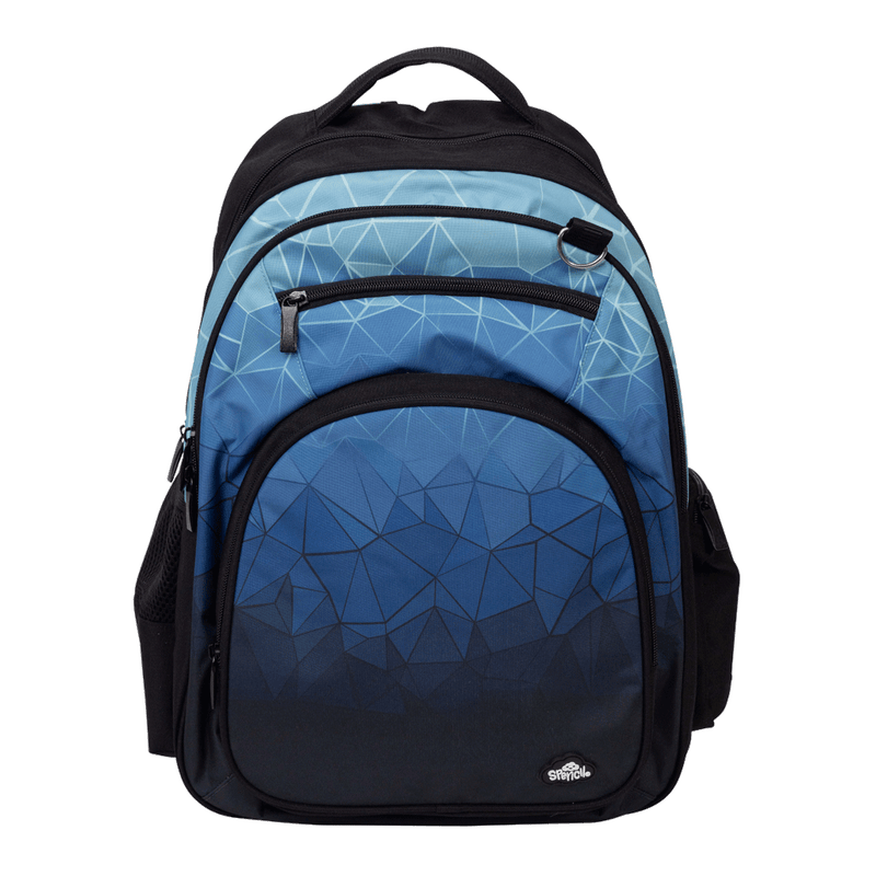 Spencil Fractal Big Kids Backpack, front, blue geometric faceted gradient on a black body
