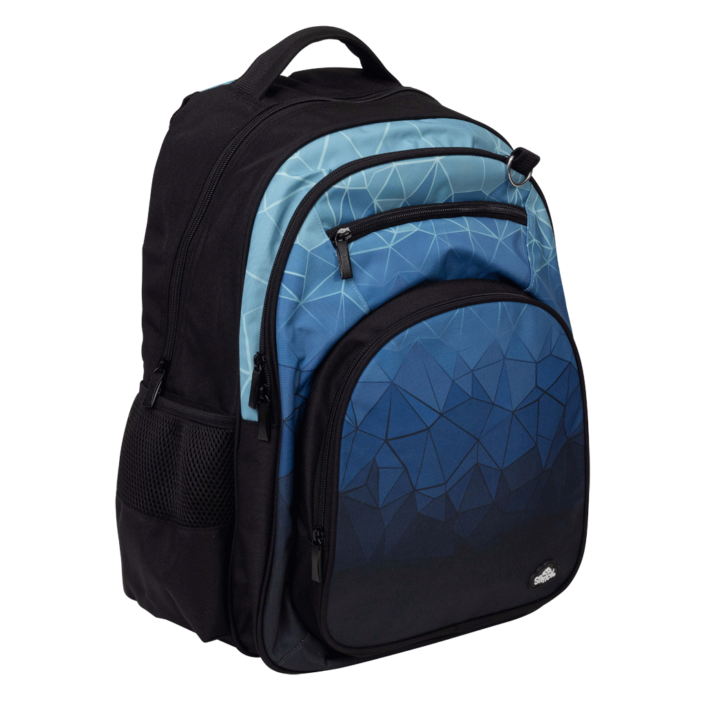 Spencil Fractal Big Kids Backpack, three-quarter view, blue geometric faceted gradient on a black body