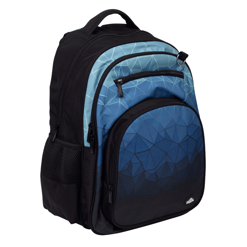 Spencil Fractal Big Kids Backpack, three-quarter view, blue geometric faceted gradient on a black body