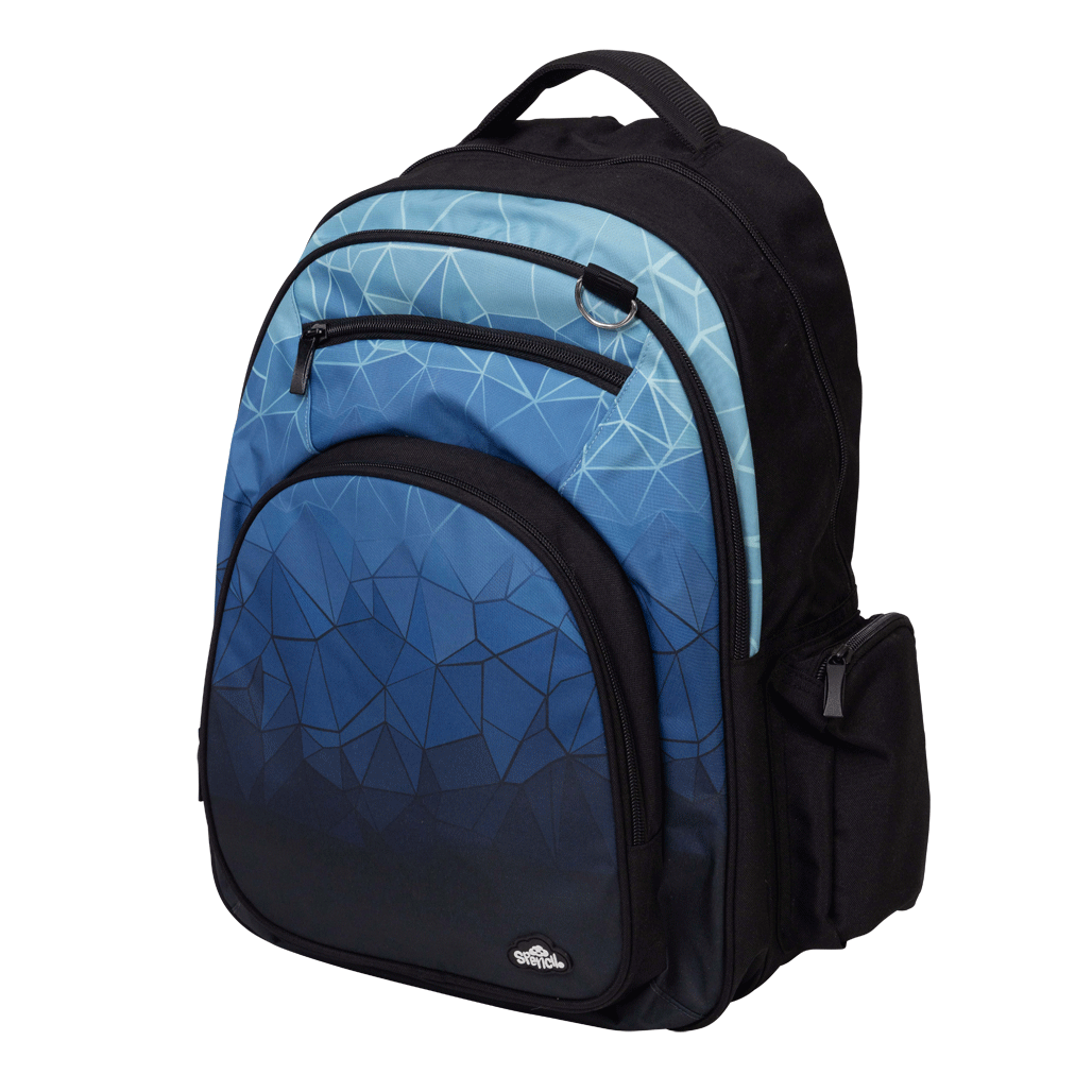 Spencil Fractal Big Kids Backpack, three-quarter side view, blue geometric faceted gradient on a black body