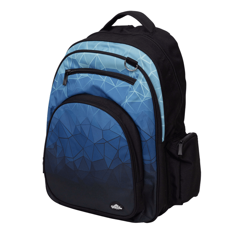 Spencil Fractal Big Kids Backpack, three-quarter side view, blue geometric faceted gradient on a black body