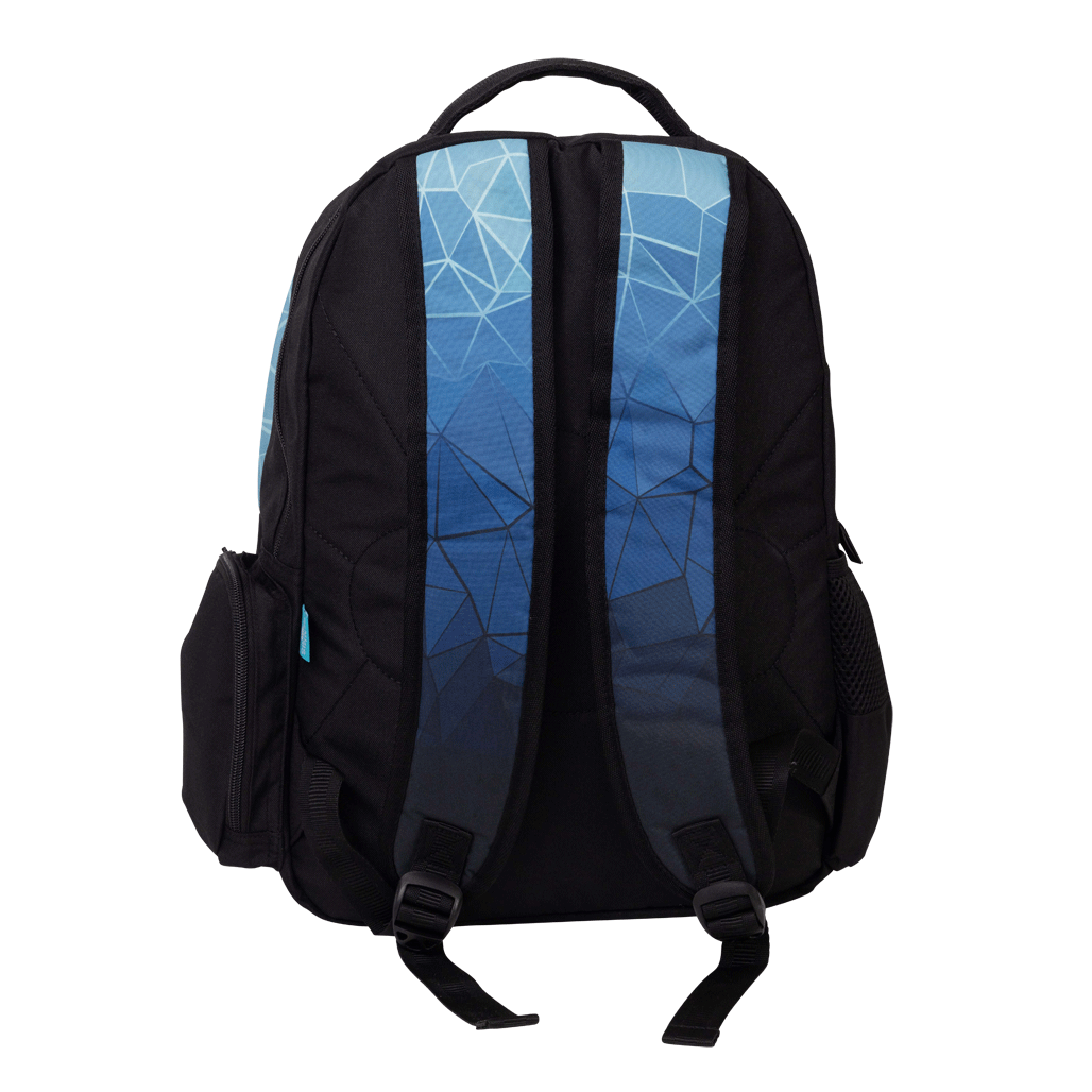 Spencil Fractal Big Kids Backpack, back view with padded straps, blue geometric faceted gradient on a black body