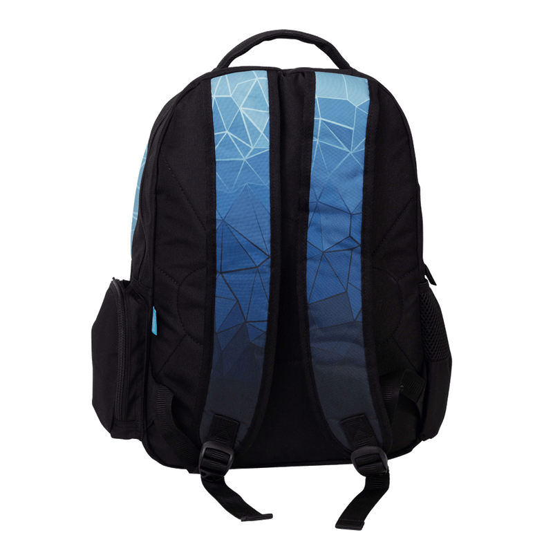 Spencil Fractal Big Kids Backpack, back view with padded straps, blue geometric faceted gradient on a black body