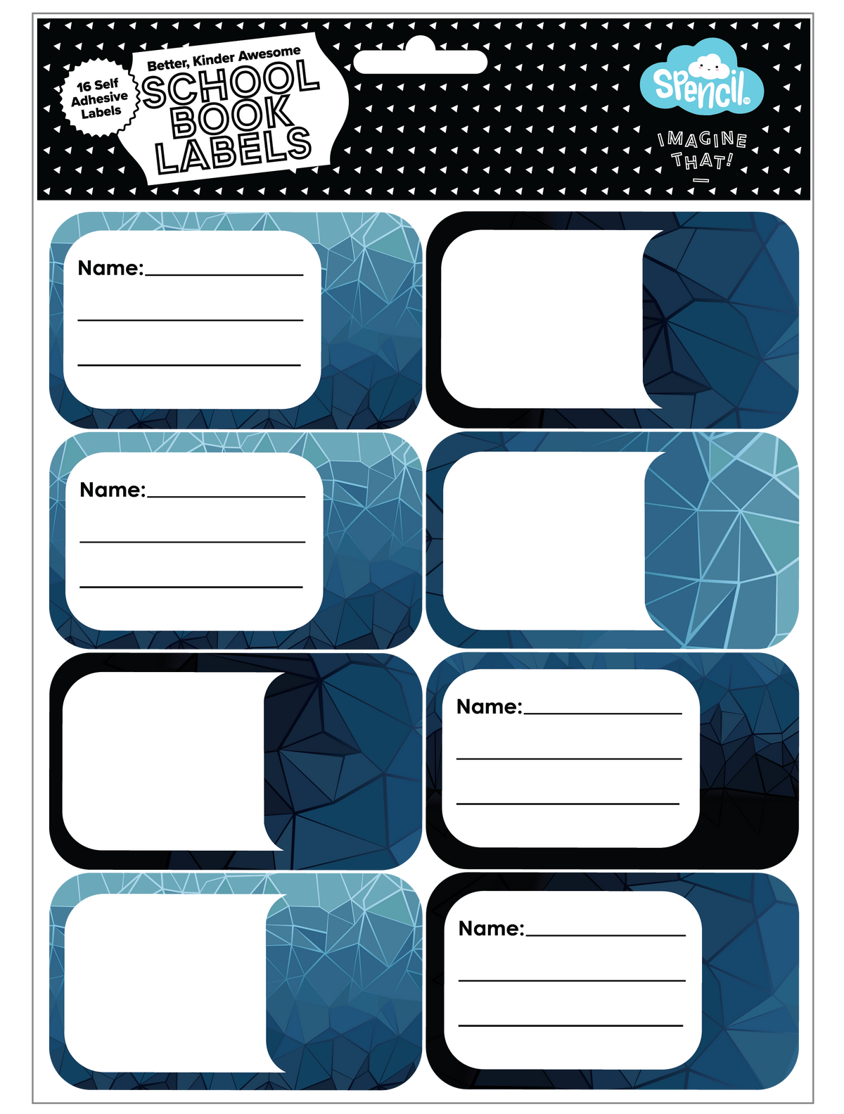 Front of the Spencil Fractal School Book Labels hang-sell pack of 16 self-adhesive name labels, artwork: low-poly geometric triangles in steel blue, teal and near-black