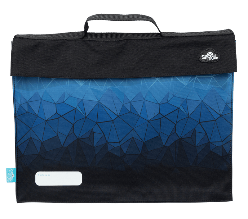 Front of the Spencil Fractal library bag showing faceted geometric triangles fading from bright blue to black under a black flap, with the top carry handle, fold-over flap and white name pocket at the lower left
