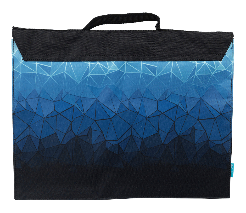 Back of the Spencil Fractal library bag with the geometric blue fade running across the panel beneath the plain fold-over flap and top handle